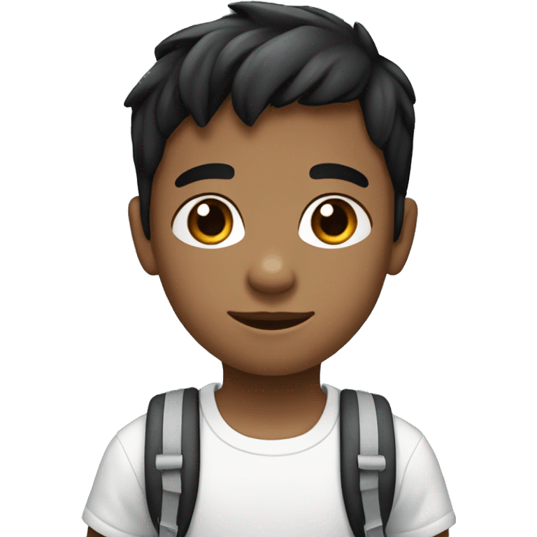 kindergarten brown boy with black hair and brown eyes with white t-shirt and blue backpack emoji