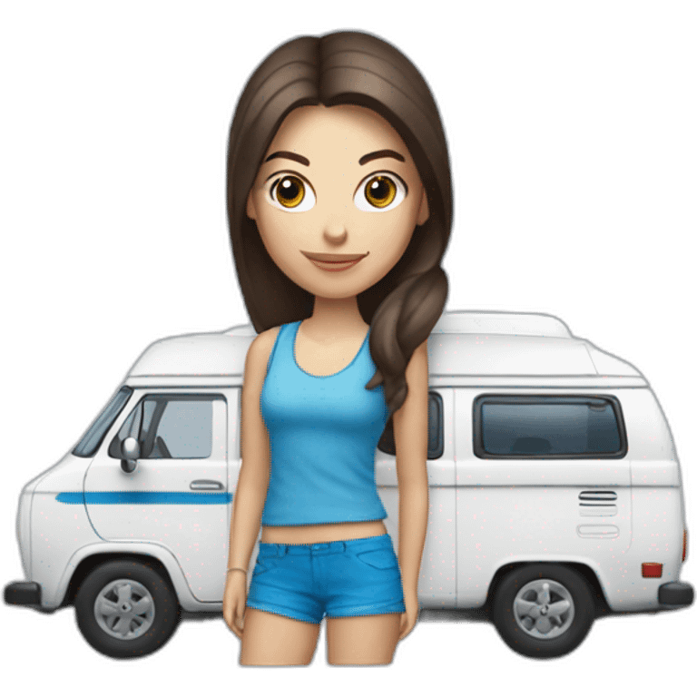 Hip white blue-eyed brunette woman with a sporty camper van emoji