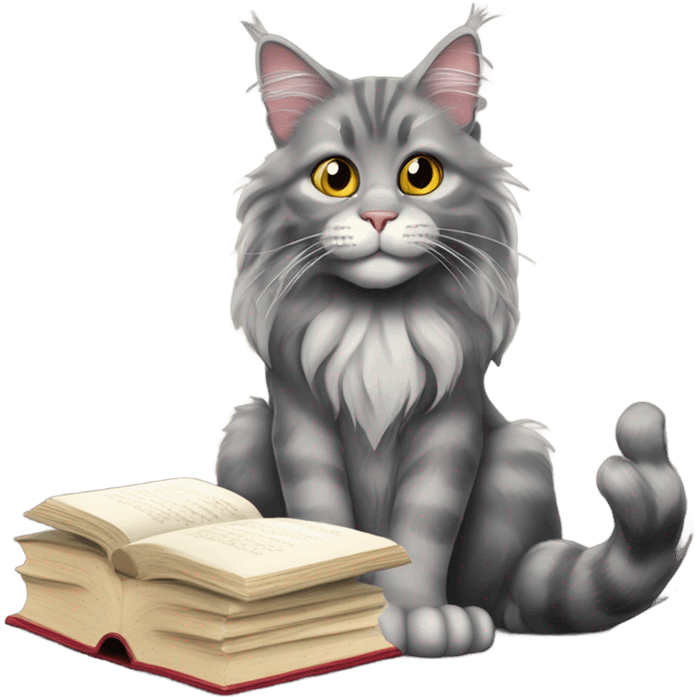 Grey Main coon Reading a book and drinking a wine emoji