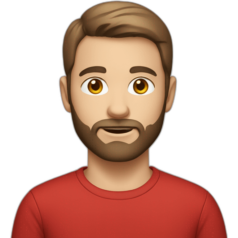 white boy with red t-shirt, defined beard and dark brown short hair emoji