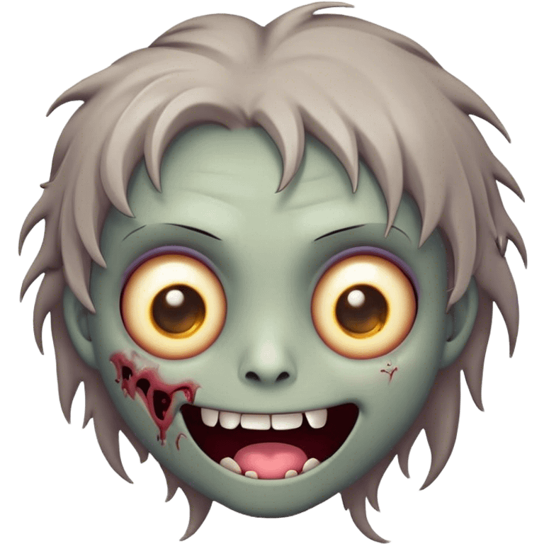 Cinematic Cute Zombie Portrait Emoji, with a delightfully quirky, slightly disheveled face in muted ashen hues, featuring quirky bright eyes and a playful, stitched-together smile, simplified yet irresistibly charming, highly detailed with a soft glowing outline that captures the adorable, offbeat spirit of a zombie who’s more cute than creepy! emoji