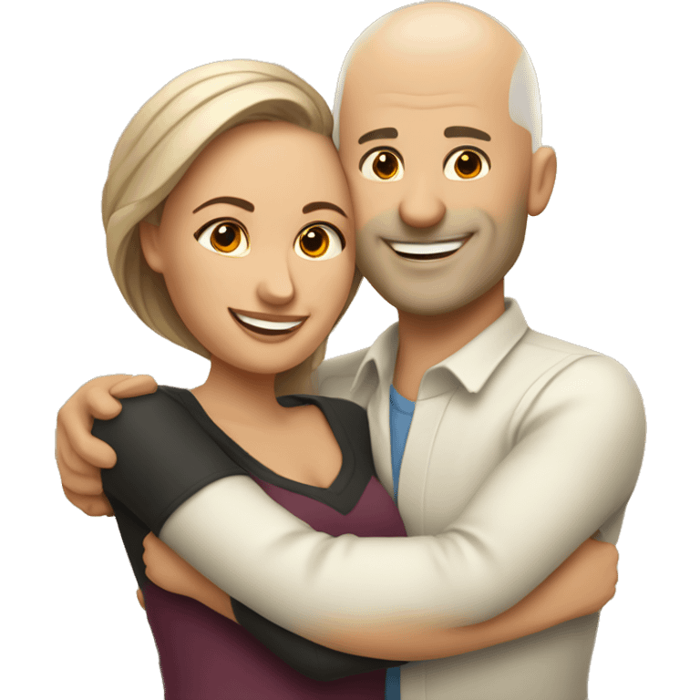 couple hug with warm smiles, white bald man, Mexican woman  emoji