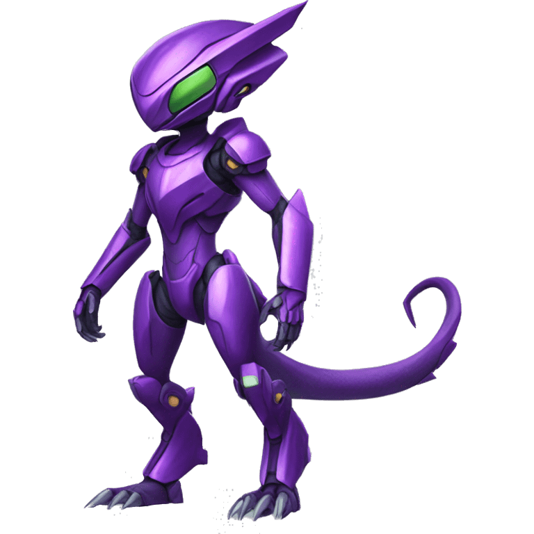 a purple-green Genesect-Raptor-Fakémon—hybrid with a futuristic visor-helmet full body emoji