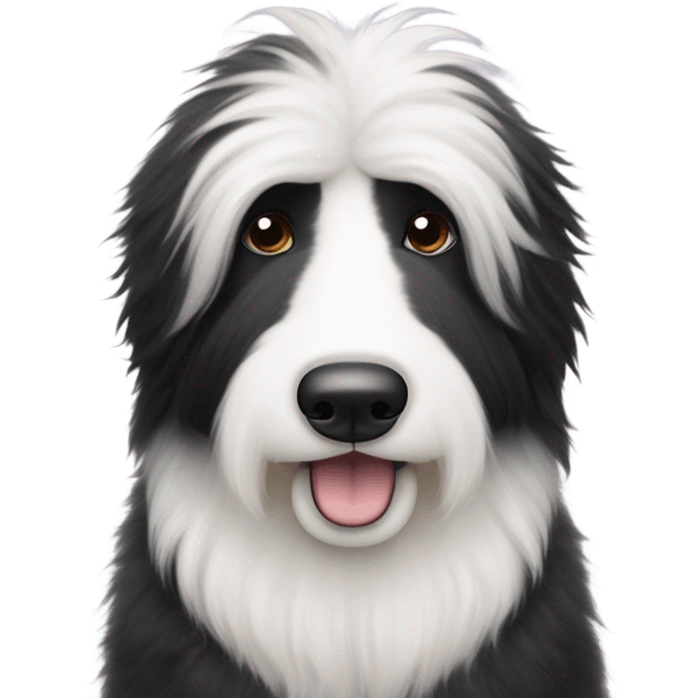 Very fluffy and full Half white half black old English sheepdog face where left half is white. EYE SECTION OF FACE SHOULD BE HALF AND HALF DOWN THE MIDDLE emoji