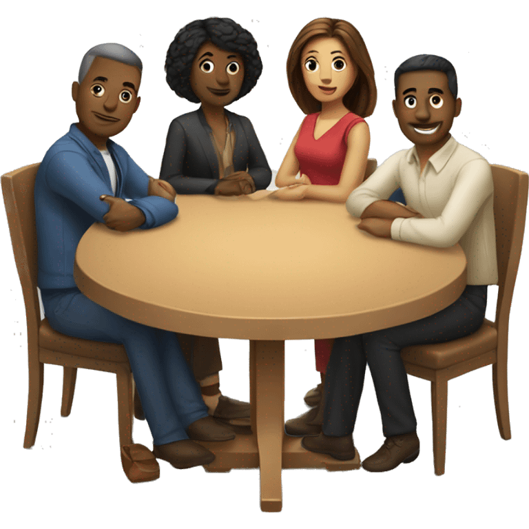 A round table with people sitting around it. They should be diverse in race and hair style emoji