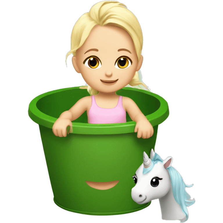 Blonde baby girl, inside of a green bucket riding a unicorn with rainbow hair ￼ emoji