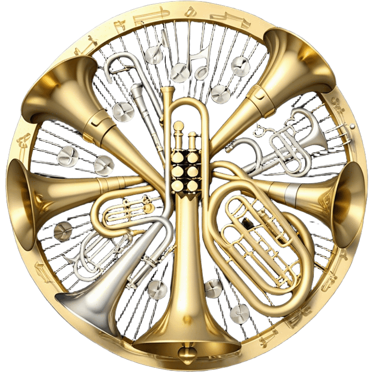 Create a festive and elegant emoji collage featuring a bouquet or fan of brass instrument bells (trumpets, saxophones, trombones, tubes, etc.) arranged in a radiant, symmetrical pattern. The instruments should have polished, golden and silver finishes, with their large, shiny bells forming a beautiful, fan-like display. Include a flowing ribbon of musical notes swirling through the center, conveying movement and melody. The background should feature a deep red velvet texture, adding a touch of luxury and sophistication. The overall composition should be balanced, with an elegant and regal feel, with a transparent background to keep focus on the instruments and musical elements. emoji