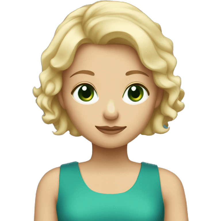 Blonde girl with green eyes and short hair down to her shoulders wearing a blue dress emoji