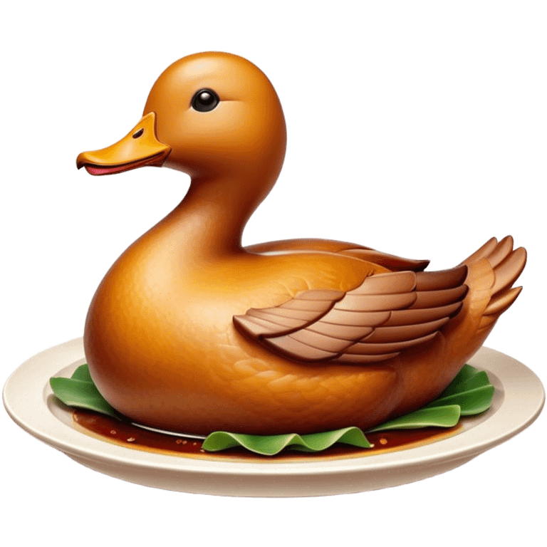 Cinematic Realistic Peking Duck Dish Emoji, depicted with crispy, roasted duck with glistening skin and succulent meat, rendered with rich textures and dramatic, appetizing lighting. emoji