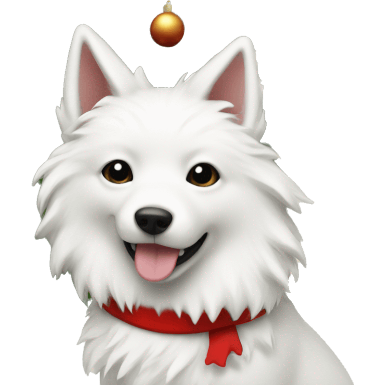 White fox dog near Christmas tree emoji