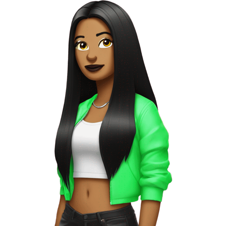 Tanned woman with long black hair dressed in Y2K hip hop hair, makeup, and neon attire emoji