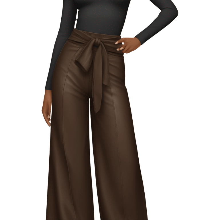 Dark brown High waisted leather wide leg pants with tie front emoji