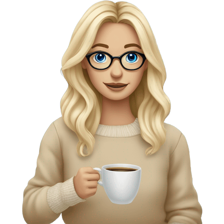 Blonde balayage long hair white women beige sweater blue eyes and small glasses holding coffee emoji