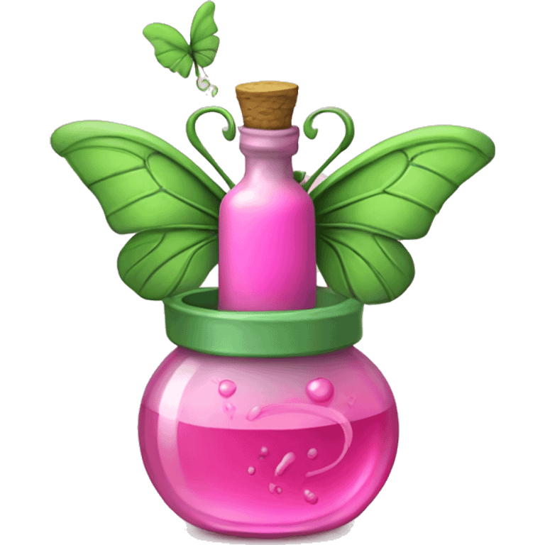 Pink potion with green vines wrapped around it with a pink butterfly sitting on top emoji