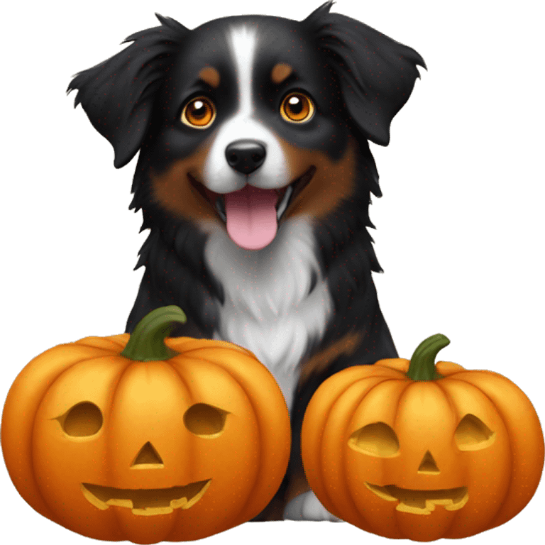 Small black australian shepherd dog in a pumpkin emoji