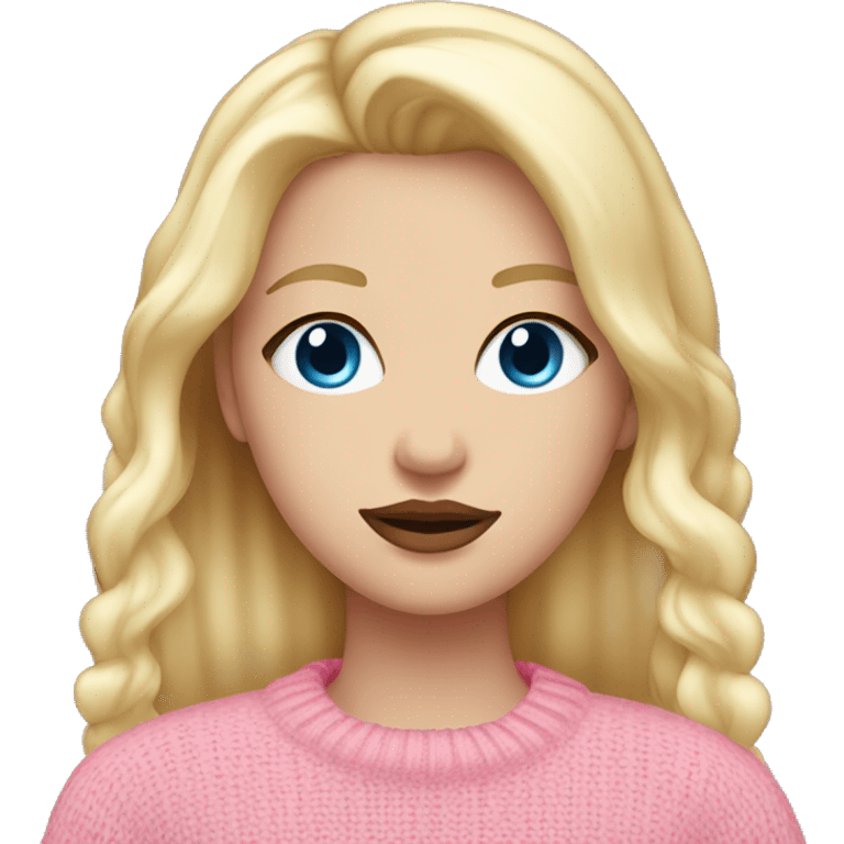 white girl, bleu eyes, blond staight hair, pink lips, pink sweater  emoji