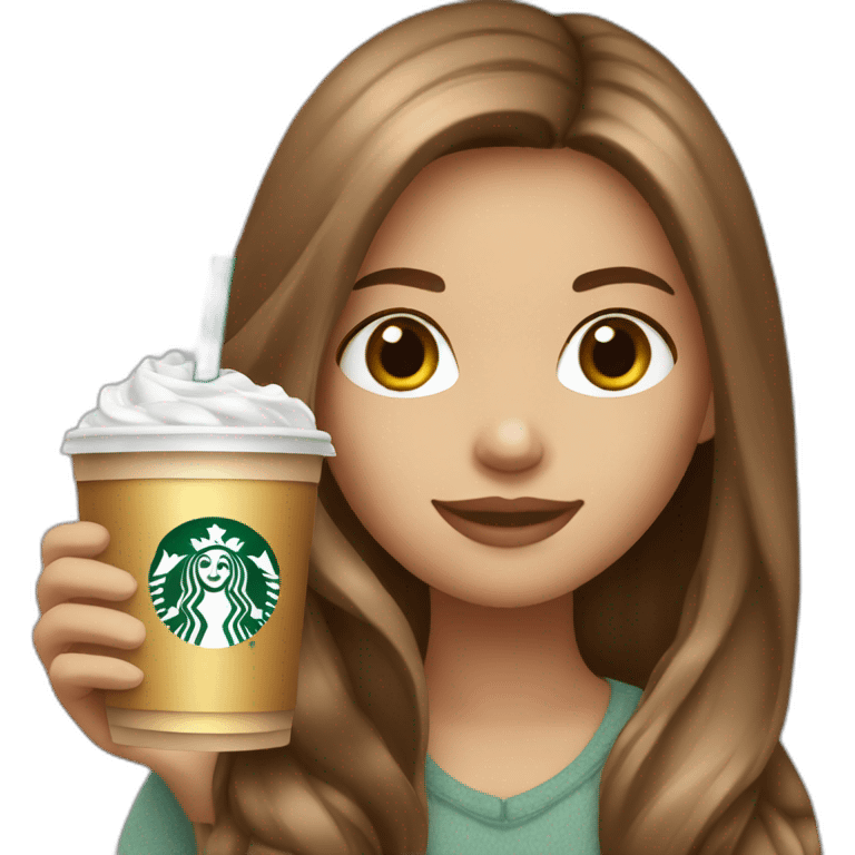 White cute girl with long brown hair holding starbucks drink emoji