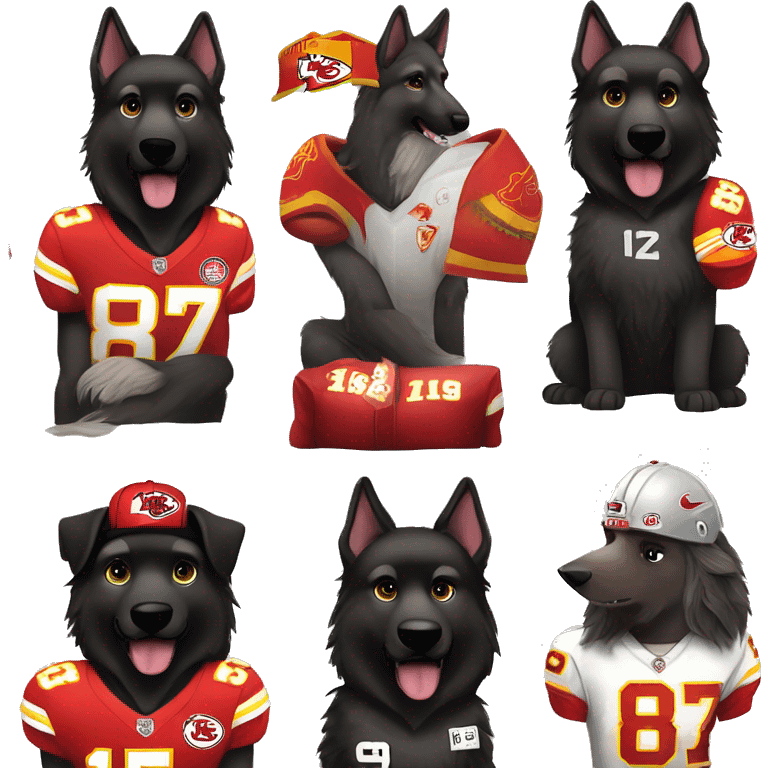 2 long haired black German shepherd dogs wearing number 15 and number 87 Kansas City Chiefs jerseys  emoji