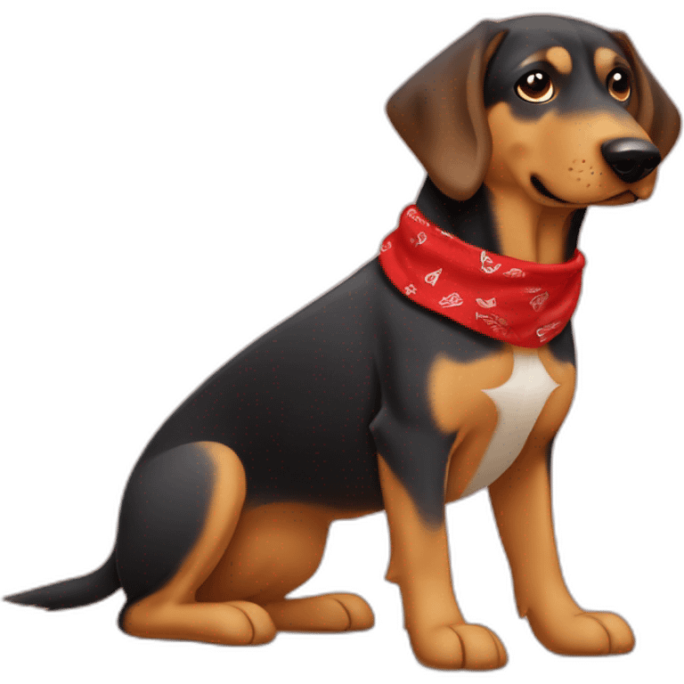 coonhound and German shepherd mix dog wearing small plain red bandana and walking left emoji