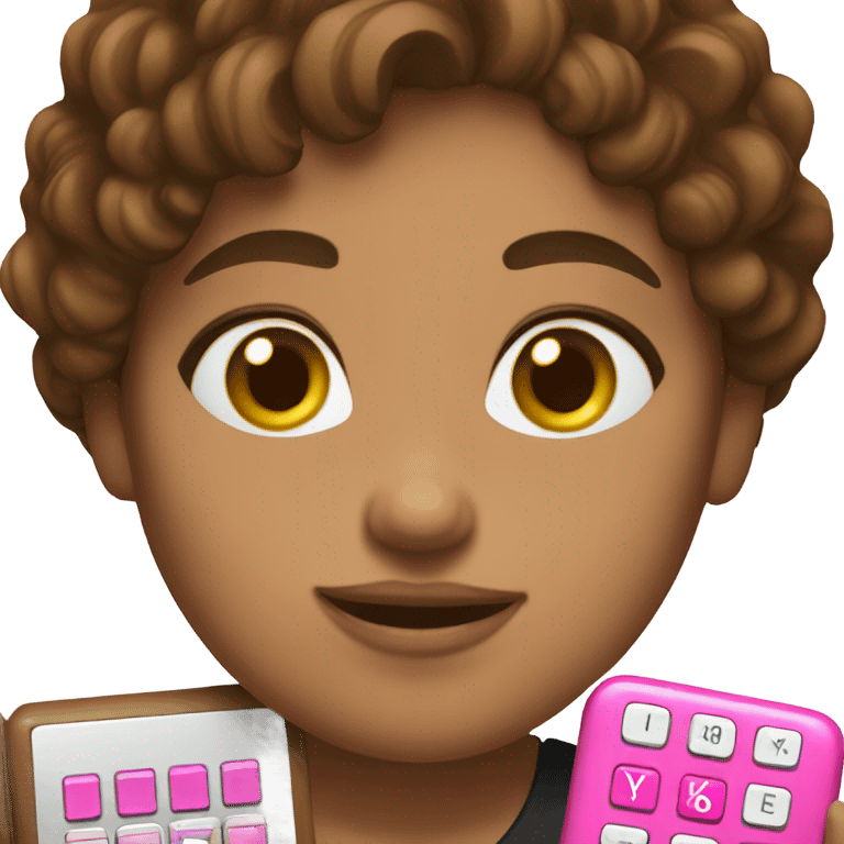 Girl with brown hair holding one pink calculator emoji