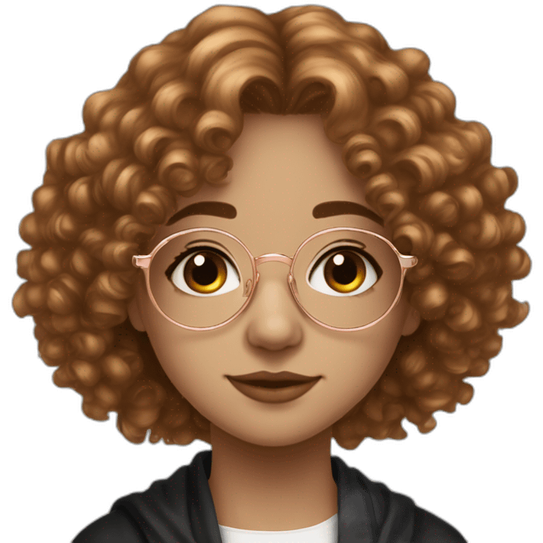 British teenage girl long curly flax hair amber eyes rose gold round glasses white shirt black robe emoji