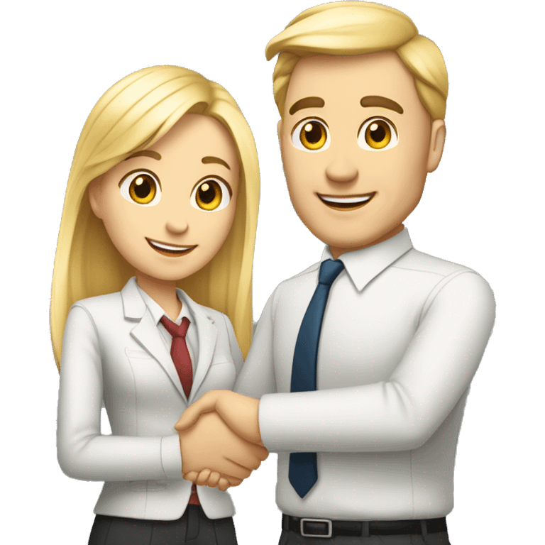 A 40-year-old fair-skinned businessman shakes hands with an 18-year-old fair-skinned blonde girl, full-length emoji, high details emoji