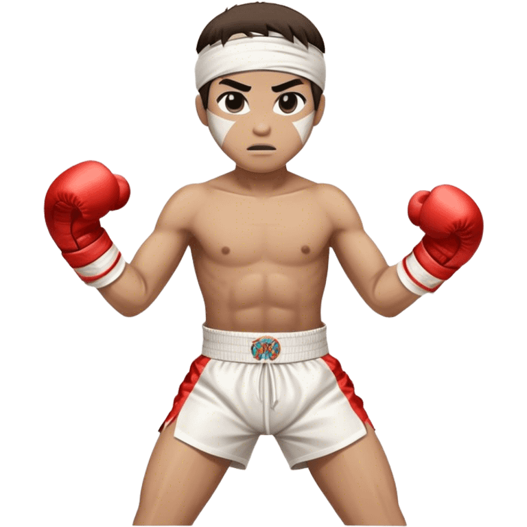 ​Cinematic Realistic Traditional Muay Thai Fighter, depicted in authentic attire featuring white bandaged gloves wrapped around his fists, a traditional headband tied neatly, and classic Muay Thai shorts, captured in a dynamic fighting stance under dramatic, high-energy lighting that highlights the raw power and elegance of the art, emoji