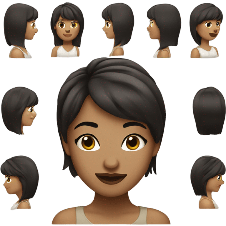 Beautiful woman. Dark brown hair. Salt and pepper.  Bangs.  emoji