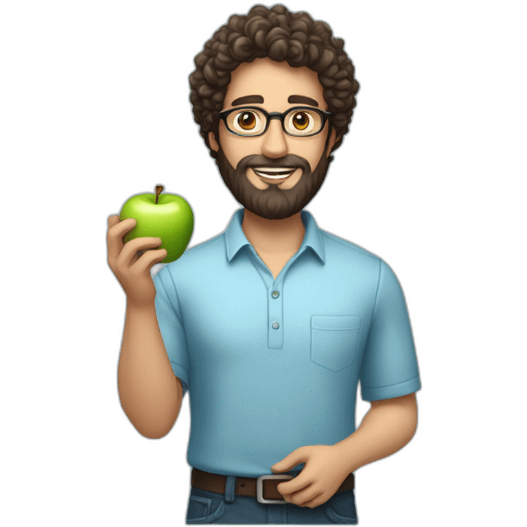 A male nutritionist with a full beard and dark, curly hair and white skin, wearing glasses, holding an apple in his hand. Who has a light blue shirt on. emoji