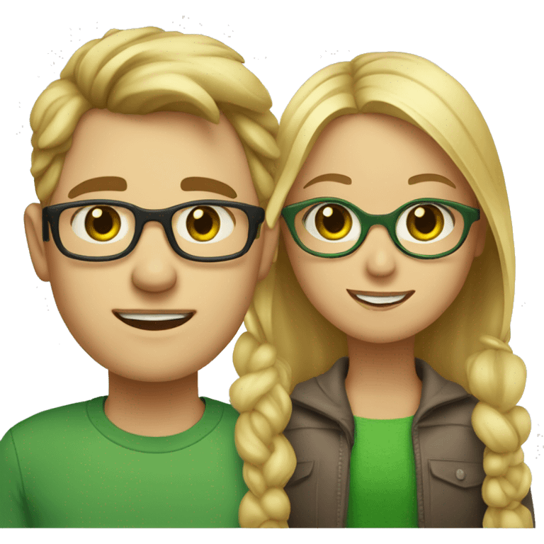 blonde girl with green eyes and glasses next to a guy with brown hair and brown eyes emoji