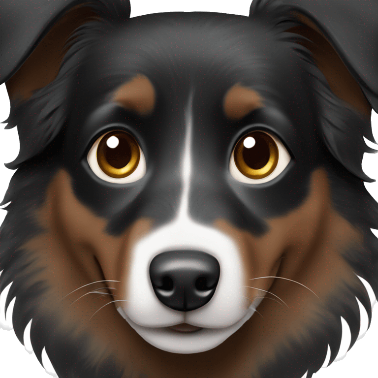 Small black australian shepherd dog with dark brown eyes and black face emoji