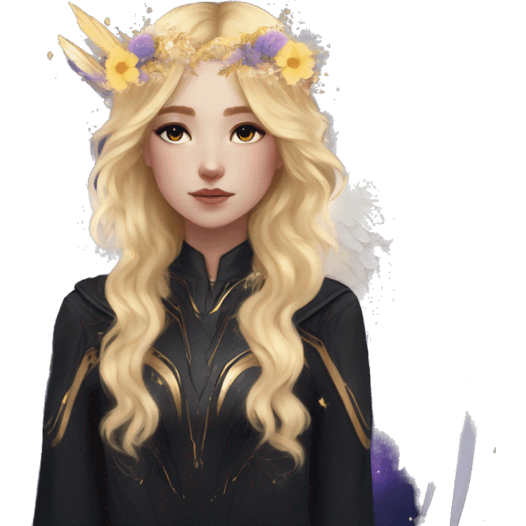 Ethereal galaxy constellation girl blonde hair angel raven wings black wings, gold arrow, nebula, flower crown emoji