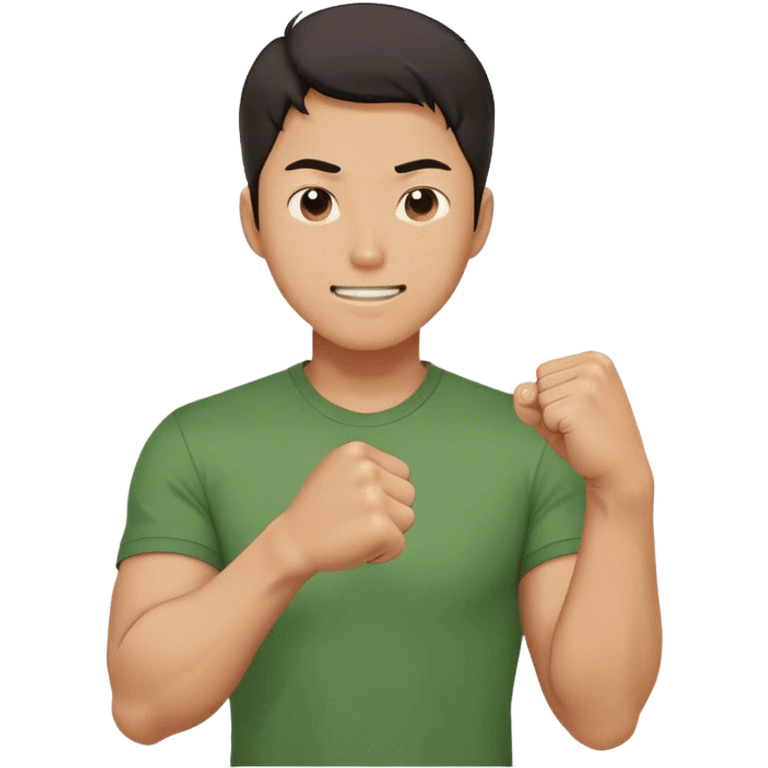 A determined Korean man in a green shirt, clenching his fist with a confident & smile expression. Emoji-style digital illustration emoji