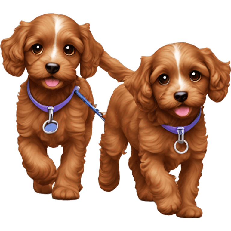 Two brown cavapoo puppies walking on leash emoji