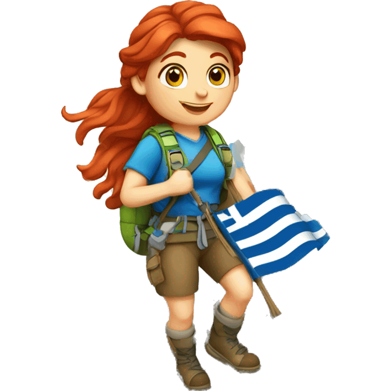 Female mountain climber red hair climbing with Greek flag and holding Easter eggs basket emoji