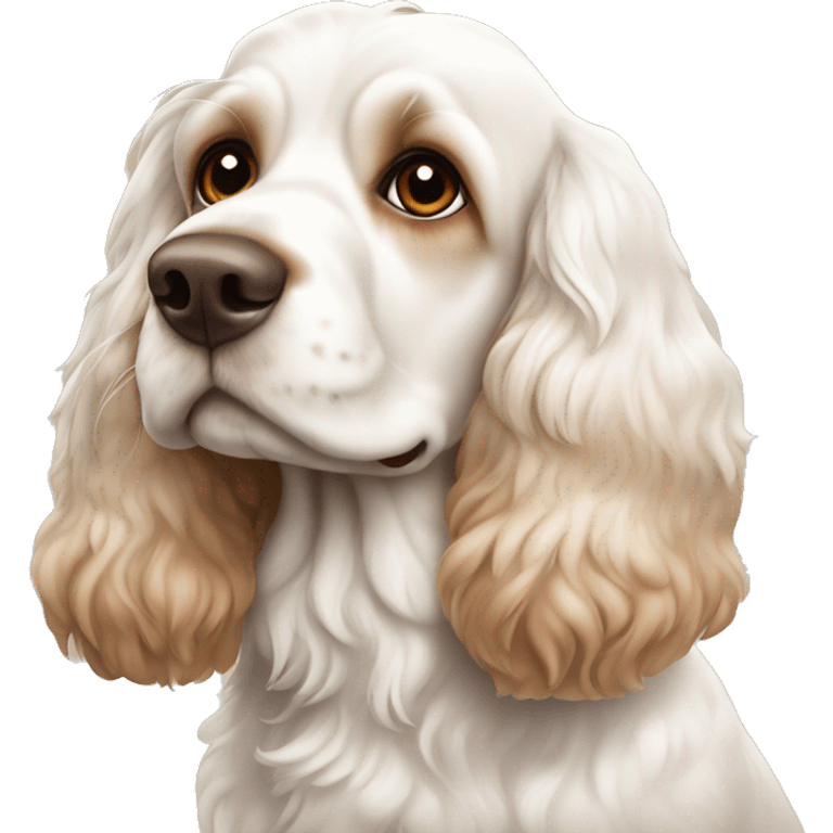 white cocker spaniel with brown ears and brown eyes and  emoji