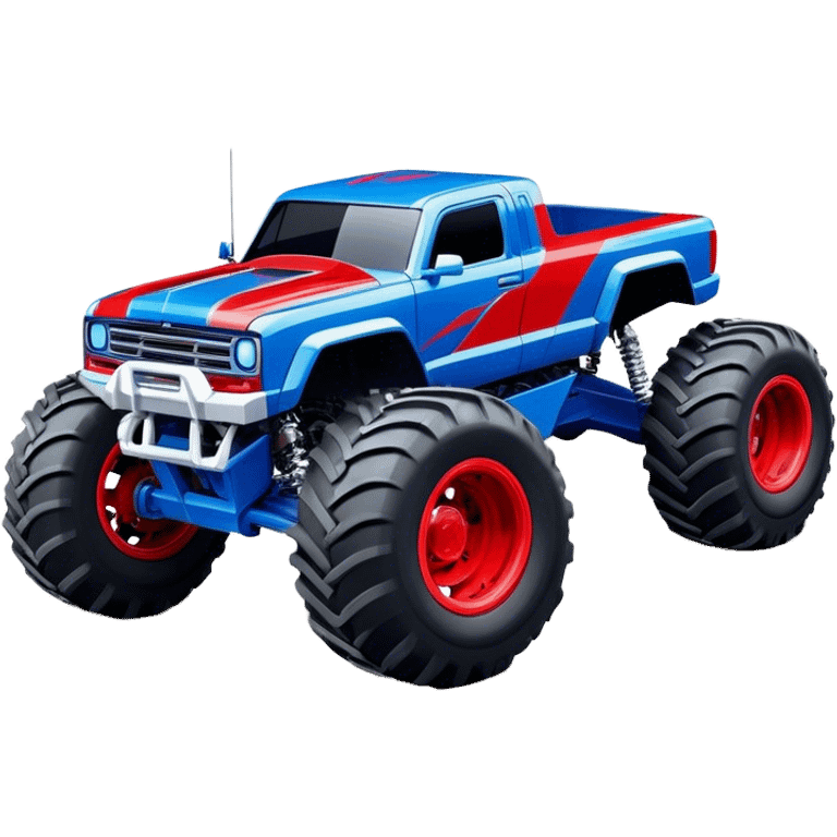 Avenger - Monster Jam (Model Year: 2021) (Iconic colour: Blue and red) - A dynamic monster truck with a split-color scheme: predominantly blue accented by bold red elements. Focus on strong, angular lines and vivid contrasting colors that evoke high energy and a futuristic, rebellious style. emoji