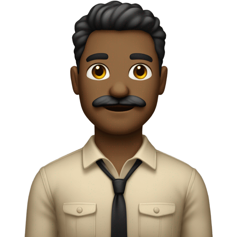 Homem jovem de bigode fino com camisa preta e calça bege clara de corpo inteiro emoji