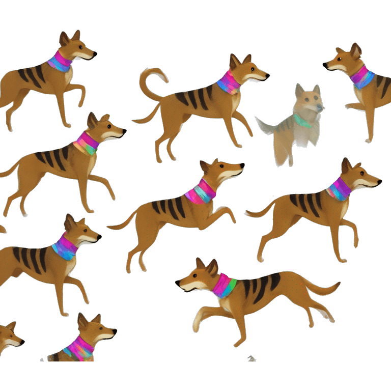  brindle brown black maroon striped lurcher Alsatian fox running blue eyes and iridescent holographic oilslick harness wearing paper iridescent tropical flower crown yellow caution tape emoji