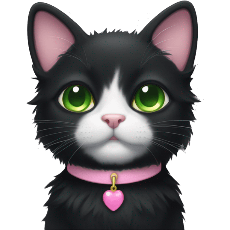 fluffy black tuxedo cat with green eyes and pink nose emoji