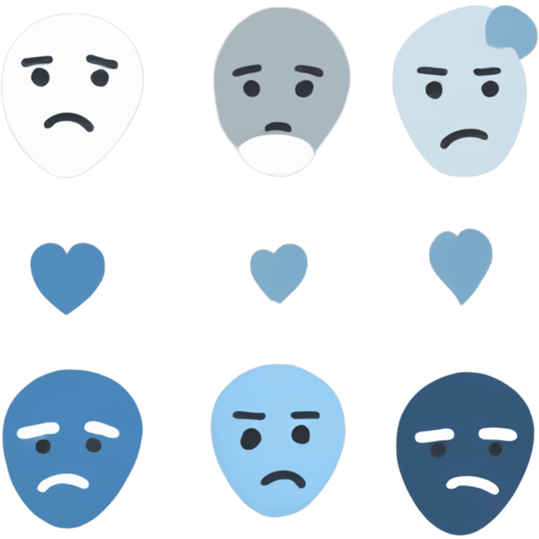 Minimalist depression-themed emoji set with a sad faces, broken heart, teardrop, and neutral face with thought bubble in muted gray and blue tones on white. emoji