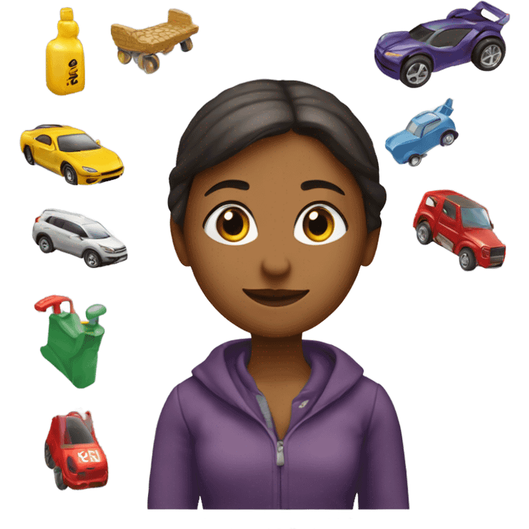 A woman who playing with the toys cars, and the word “Ok” at the top emoji