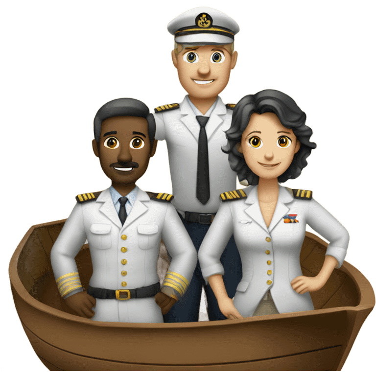 Create a ship with 4 captains, consisting of 1 man and 3 women - the man is South African and the women are all Caucasian emoji