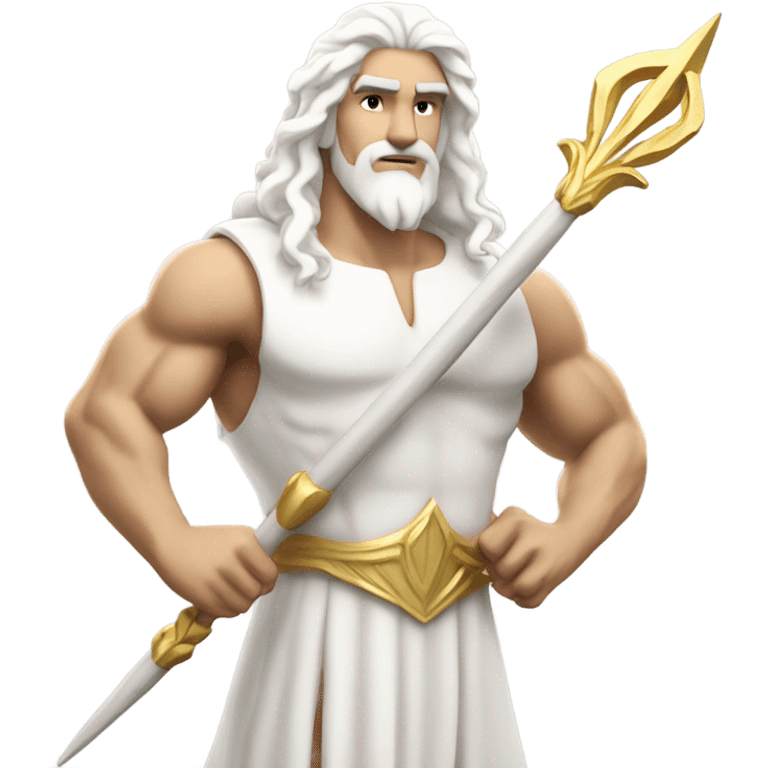 white Poseidon with gold Trident. long white hair white dress. show biceps muscle emoji