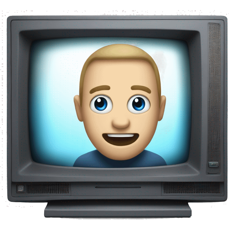 twitch emote of a Man with a TV for a head with blue digital eyes and hes happy, No human head emoji