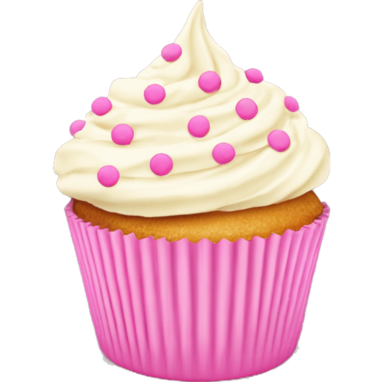 Butter creme frosted cupcake with pink polka dot cup liner emoji