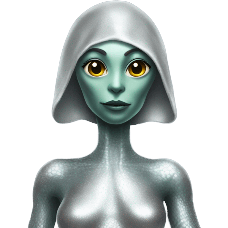 Alien reptilian woman, in silver dress, full figure, working emoji