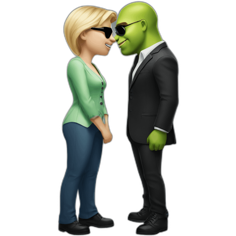 shrek kissing with white-guy-in-gradient-green-blue-suit-with-blonde-hair-and-black-sunglasses-standing-with-black-shoes emoji