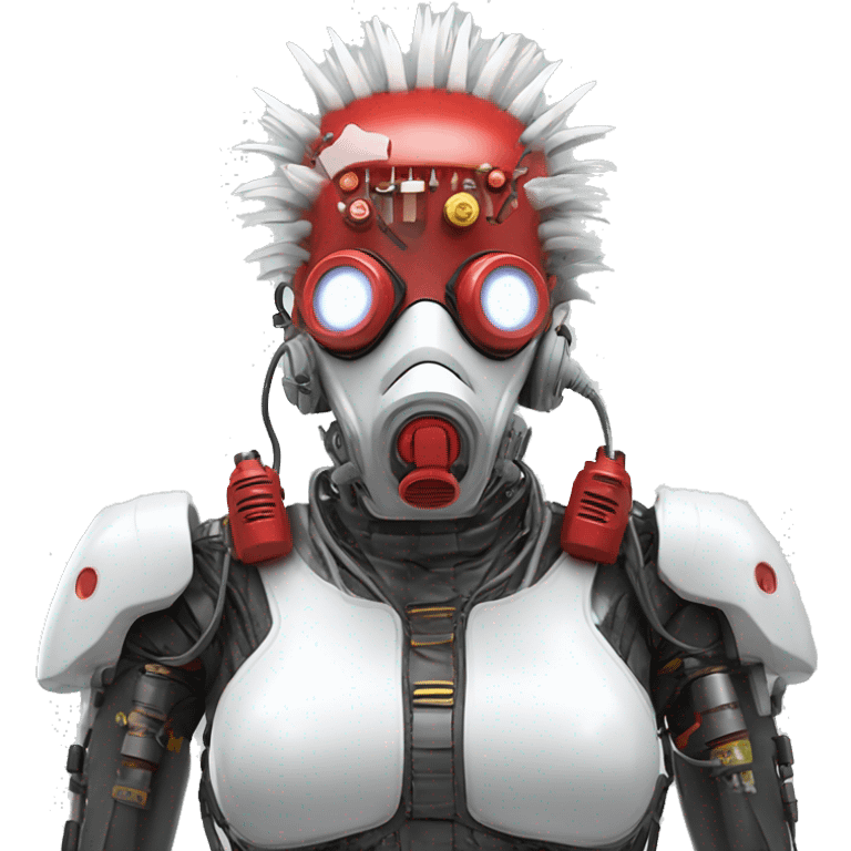 White Mohawk female cyborg head with red respirator mask and circuits emoji