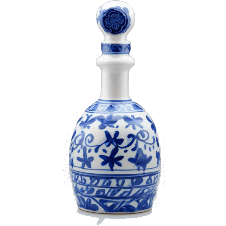 The Clase Azul Tequila bottle is tall and hourglass-shaped, with a wide base that tapers towards the neck. Its white ceramic body is decorated with cobalt blue floral designs, and it’s topped with a gray, bell-shaped stopper that curves inward. emoji